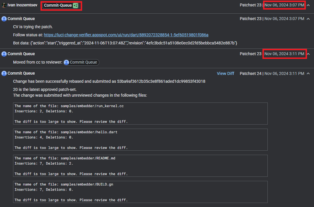 7 – 5 minutes time difference example between the Commit-Queue vote and an actual merge